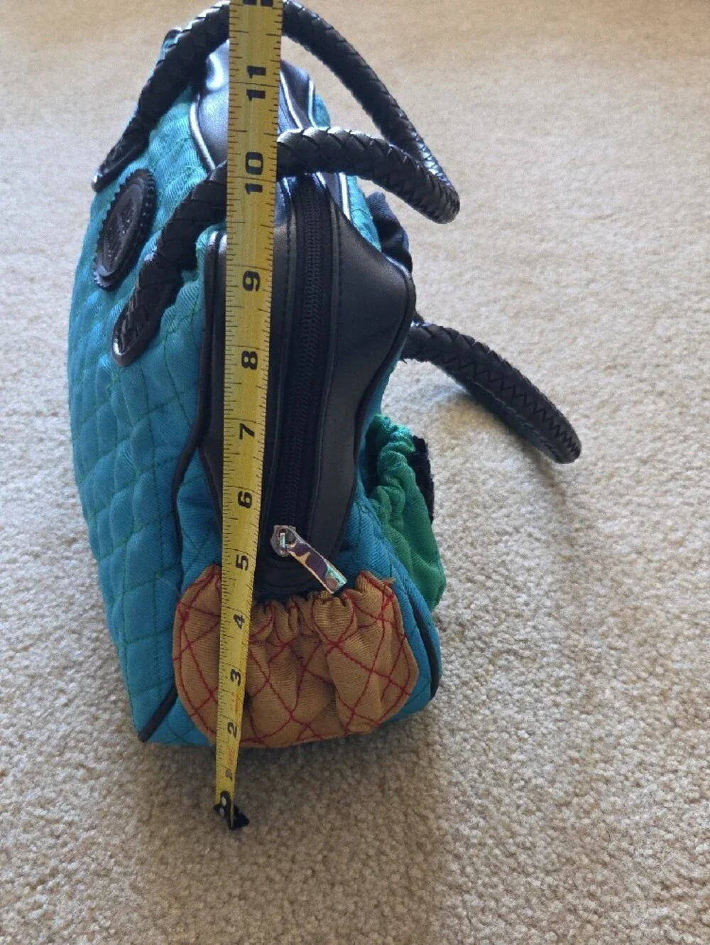 ANGELA FRASCONE Quilted Blue & Green Decorative Satchel Braided Black Handles